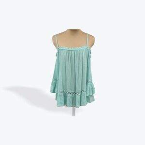 The‎ Impeccable Pig Mint Green Off Shoulder Ruffle Crochet Trim Top